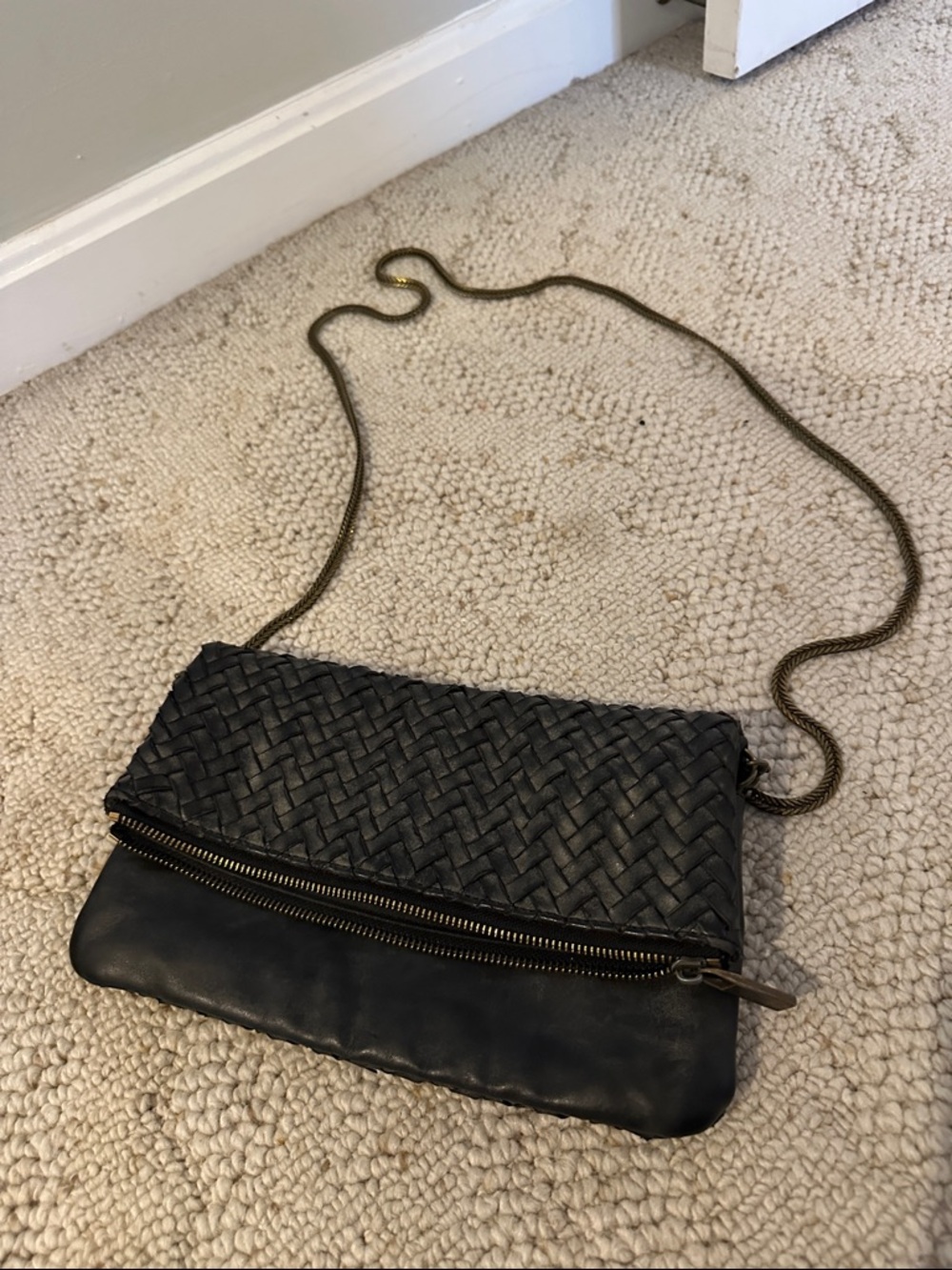 Deux Lux Black Woven Leather Crossbody with Chain Strap